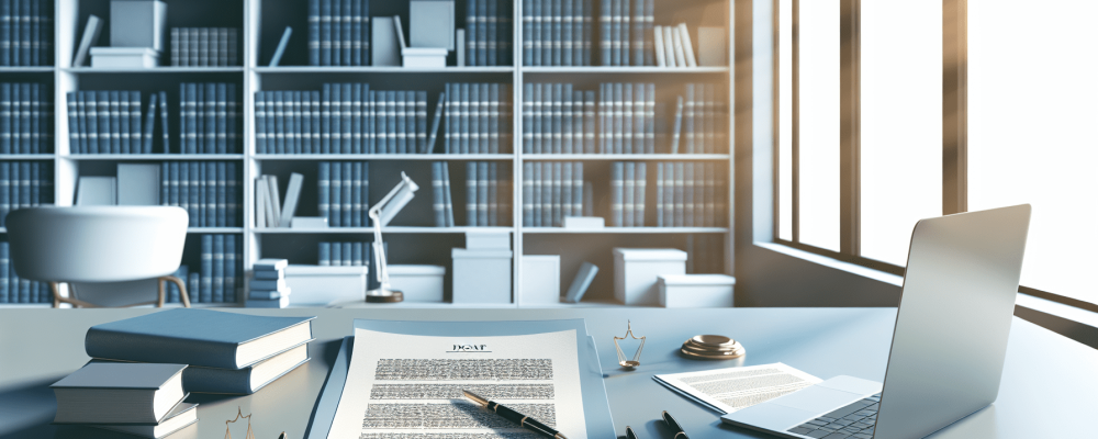 Mesa de trabalho com documentos jurídicos e laptop em escritório moderno, destacando redação jurídica com anotações, estantes de livros ao fundo