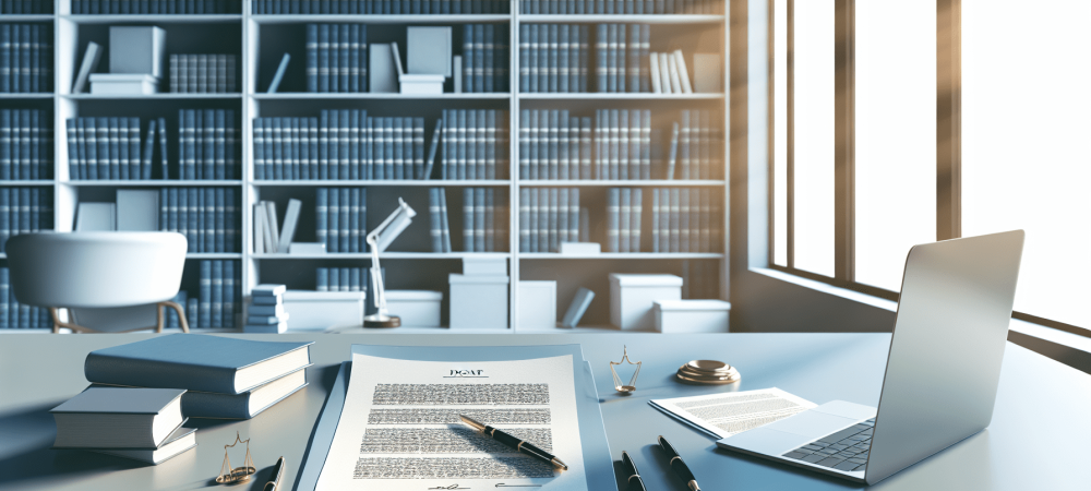 Mesa de trabalho com documentos jurídicos e laptop em escritório moderno, destacando redação jurídica com anotações, estantes de livros ao fundo