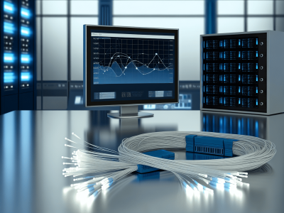 Ambiente de escritório com servidores conectados, tela com gráficos de redes de dados, e cabos de fibra óptica simbolizando conectividade eficiente.