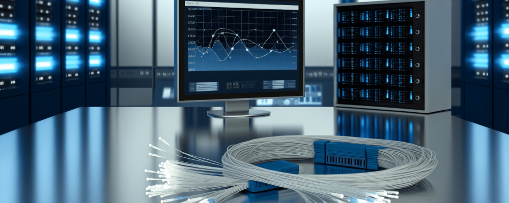Ambiente de escritório com servidores conectados, tela com gráficos de redes de dados, e cabos de fibra óptica simbolizando conectividade eficiente.