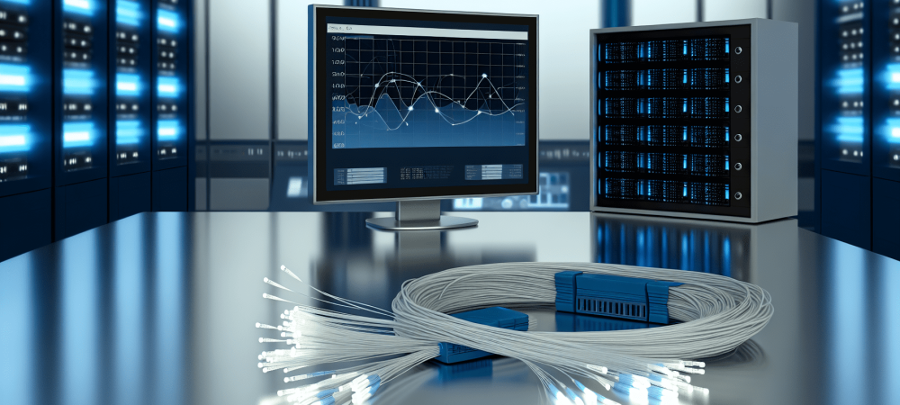 redes-computadores-ambiente-moderno.webp Ambiente de escritório com servidores conectados, tela com gráficos de redes de dados, e cabos de fibra óptica simbolizando conectividade eficiente.