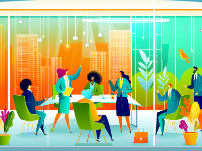 Ambiente de escritório moderno com plantas, pessoas colaborando em reunião sobre relações interpessoais.