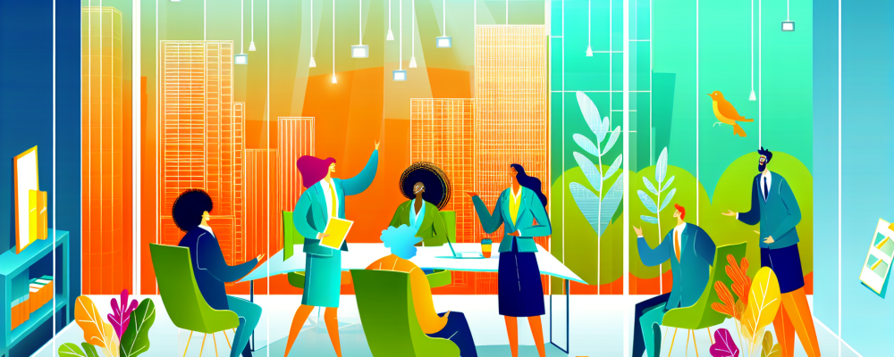 Ambiente de escritório moderno com plantas, pessoas colaborando em reunião sobre relações interpessoais.