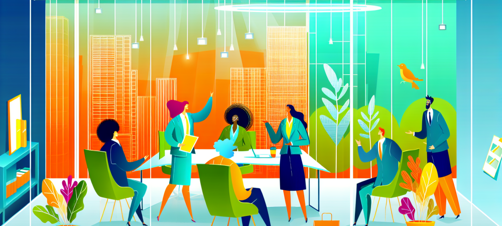 Ambiente de escritório moderno com plantas, pessoas colaborando em reunião sobre relações interpessoais.