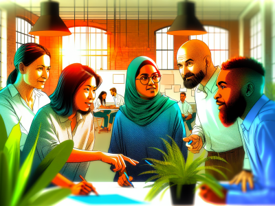 Equipe diversificada de servidores públicos discutindo produtivamente em escritório iluminado com quadros e plantas, destacando comunicação e empatia