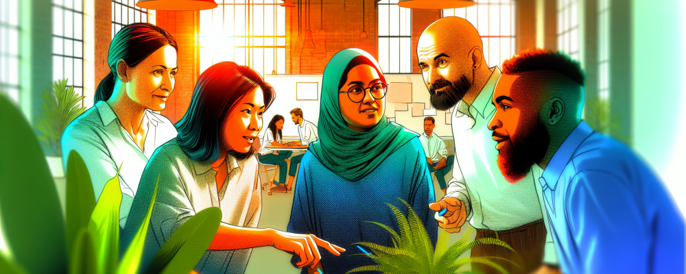 Equipe diversificada de servidores públicos discutindo produtivamente em escritório iluminado com quadros e plantas, destacando comunicação e empatia