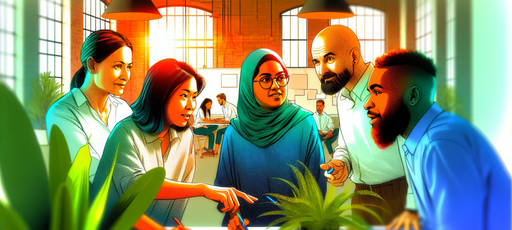 Equipe diversificada de servidores públicos discutindo produtivamente em escritório iluminado com quadros e plantas, destacando comunicação e empatia