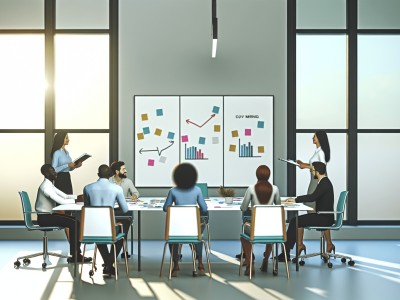 Equipe diversificada em escritório moderno discutindo estratégias de resolução de conflitos com quadro branco ao fundo