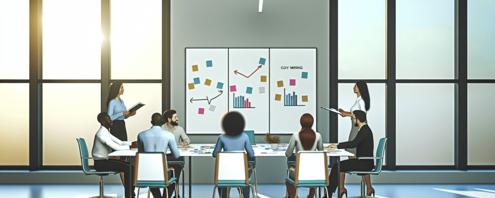 Equipe diversificada em escritório moderno discutindo estratégias de resolução de conflitos com quadro branco ao fundo