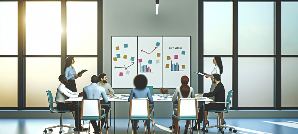 Equipe diversificada em escritório moderno discutindo estratégias de resolução de conflitos com quadro branco ao fundo