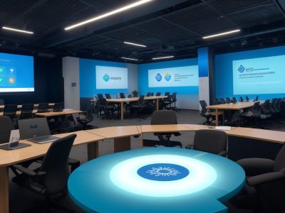 Uma equipe de profissionais em reunião sobre auditoria interna e controladoria, com gráficos visíveis ao fundo em um ambiente colaborativo e iluminado.