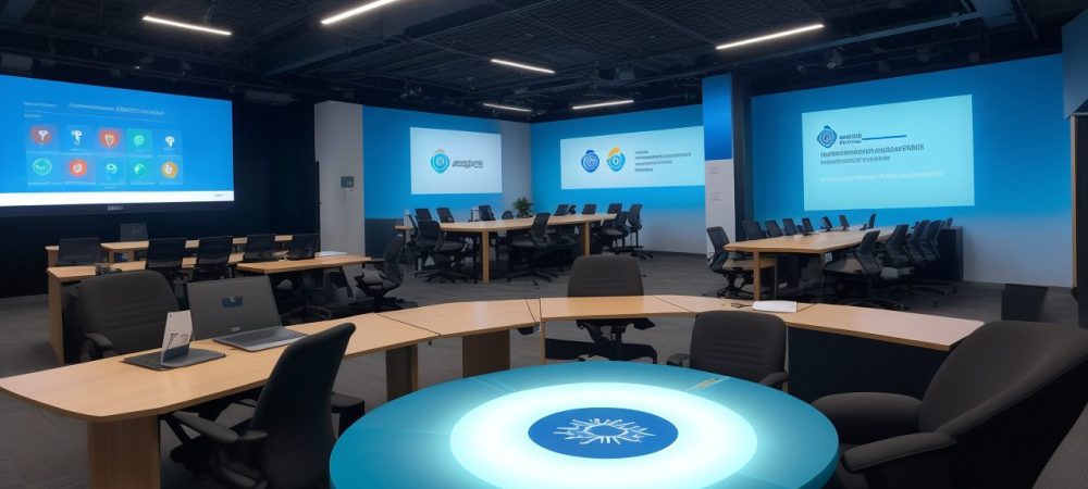 Uma equipe de profissionais em reunião sobre auditoria interna e controladoria, com gráficos visíveis ao fundo em um ambiente colaborativo e iluminado.