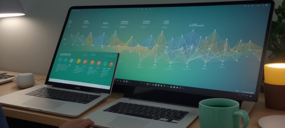 Profissionais em reunião colaborativa analisando gráficos de auditoria e relatórios financeiros em ambiente moderno.