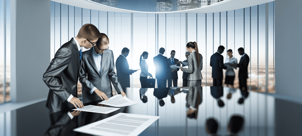 Profissionais em um escritório moderno, discutindo compliance e ética com documentos, simbolizando transparência e integridade na gestão pública.