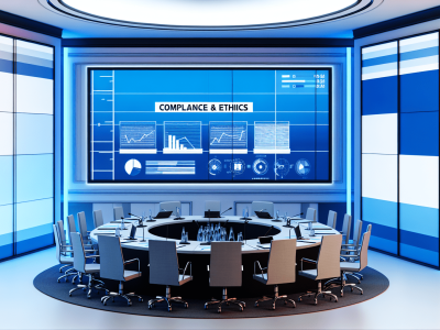 Ambiente governamental com painel de gráficos de compliance e ética, mesas com laptops e documentos.