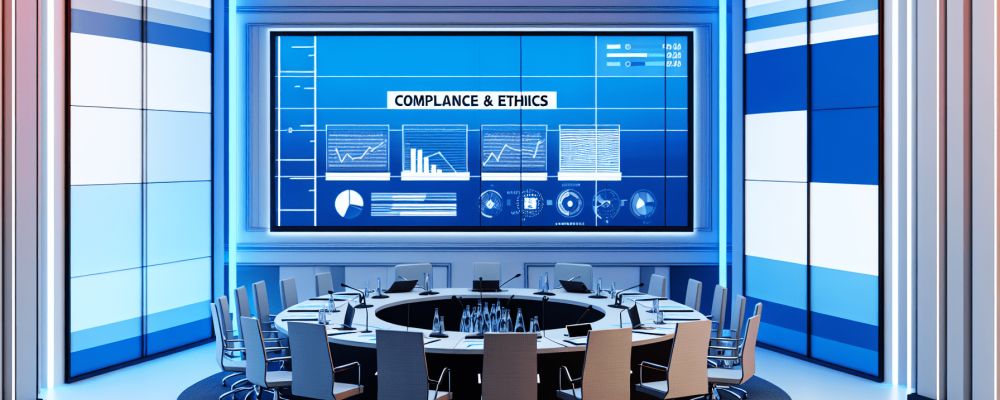 Ambiente governamental com painel de gráficos de compliance e ética, mesas com laptops e documentos.
