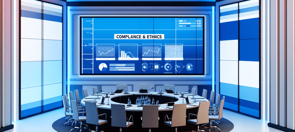Ambiente governamental com painel de gráficos de compliance e ética, mesas com laptops e documentos.