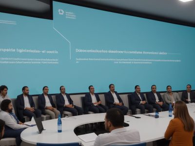 Grupo diversificado de líderes discutindo habilidades de liderança em um ambiente vibrante e colaborativo.