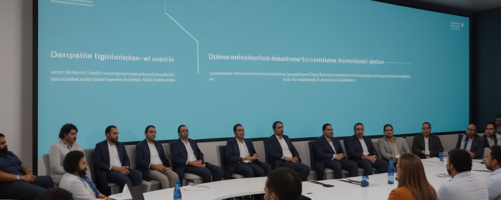 Grupo diversificado de líderes discutindo habilidades de liderança em um ambiente vibrante e colaborativo.