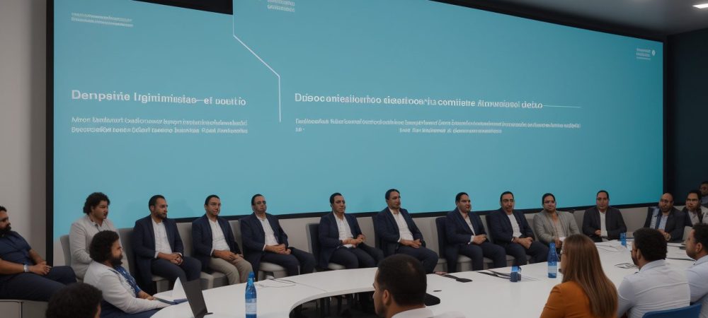 Grupo diversificado de líderes discutindo habilidades de liderança em um ambiente vibrante e colaborativo.