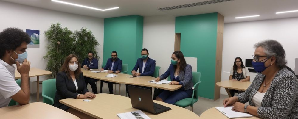 Servidores públicos em reunião discutindo psicologia social com anotações e gráficos, promovendo interação.