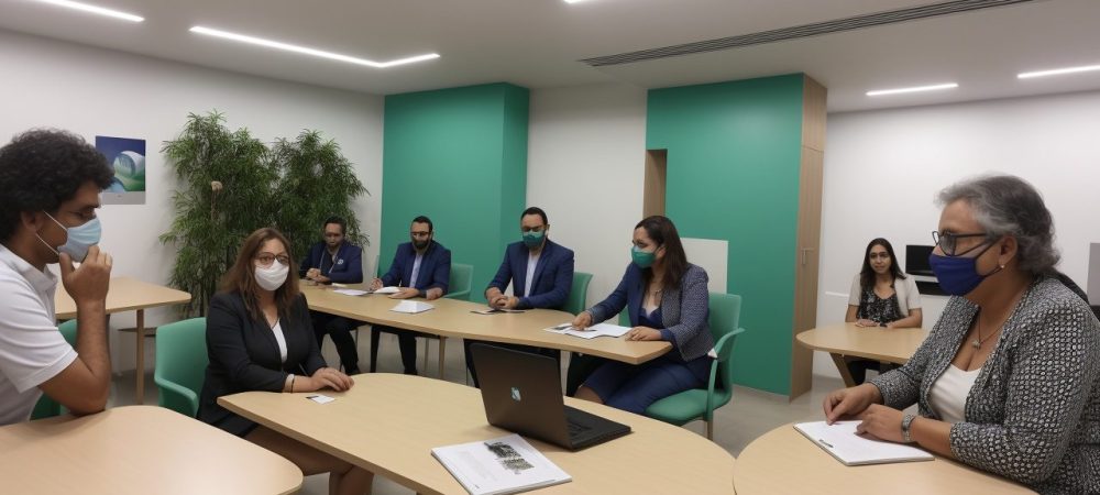 Servidores públicos em reunião discutindo psicologia social com anotações e gráficos, promovendo interação.