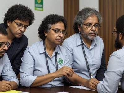 Colaboradores em reunião sobre segurança do trabalho, usando EPIs e discutindo riscos ocupacionais e PGR.