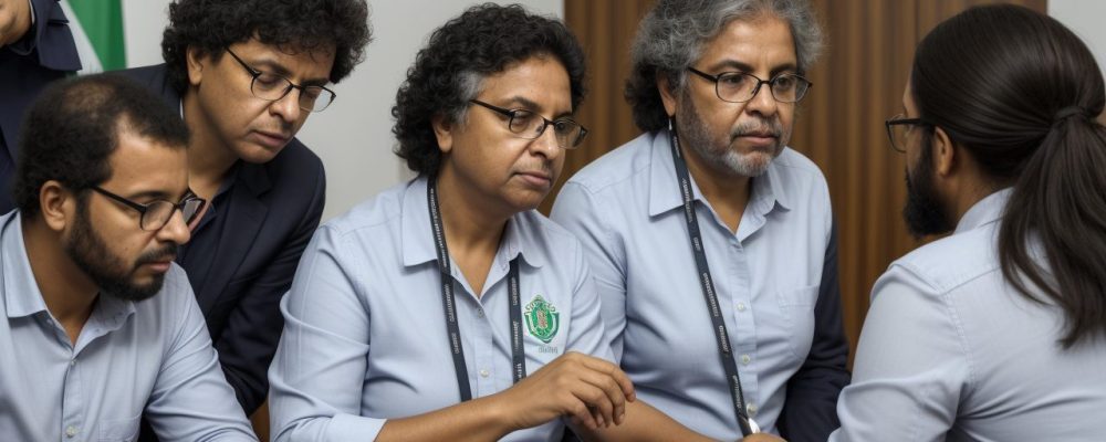 Colaboradores em reunião sobre segurança do trabalho, usando EPIs e discutindo riscos ocupacionais e PGR.