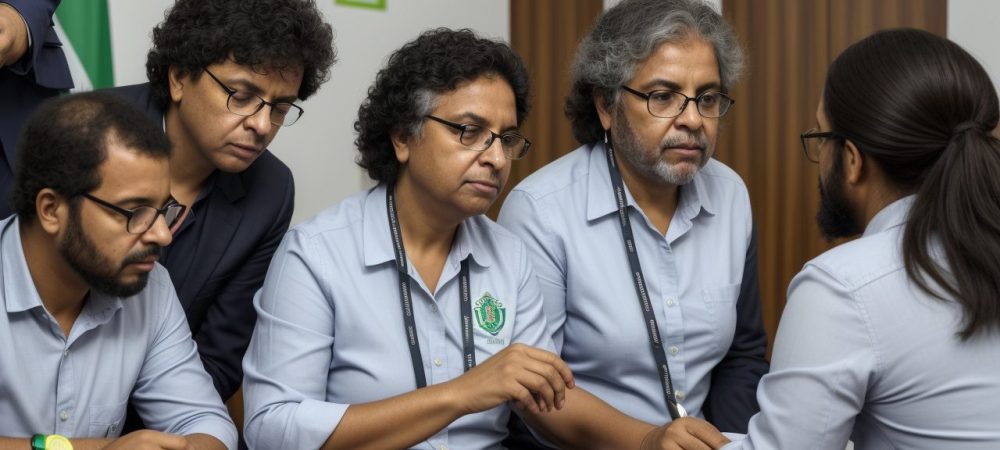 reuniao-servidores-publicos-seguranca.webp Colaboradores em reunião sobre segurança do trabalho, usando EPIs e discutindo riscos ocupacionais e PGR.