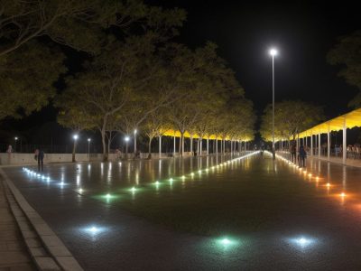 Pessoas de diferentes idades participando de rodas de conversa sobre saúde coletiva em uma praça iluminada, promovendo engajamento comunitário.