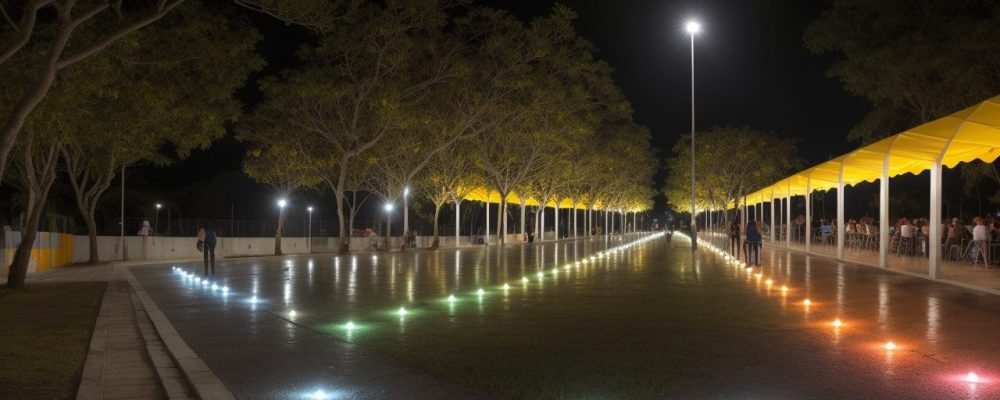 Pessoas de diferentes idades participando de rodas de conversa sobre saúde coletiva em uma praça iluminada, promovendo engajamento comunitário.