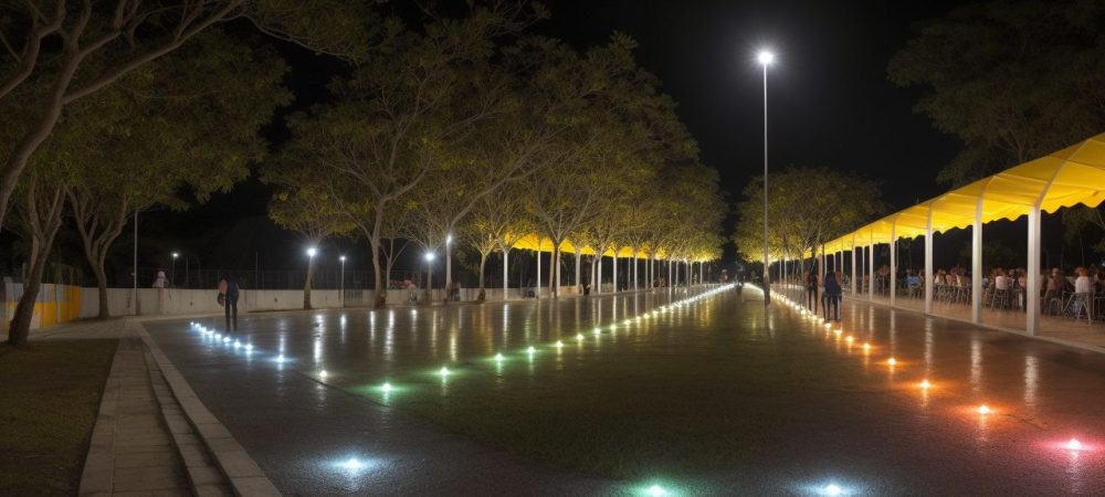 Pessoas de diferentes idades participando de rodas de conversa sobre saúde coletiva em uma praça iluminada, promovendo engajamento comunitário.