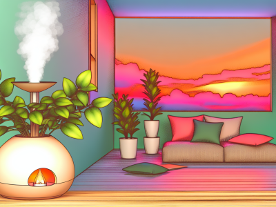 Sala de estar aconchegante com difusor de óleos essenciais, plantas e almofadas, sugerindo relaxamento.