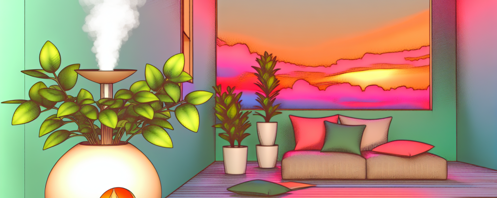 Sala de estar aconchegante com difusor de óleos essenciais, plantas e almofadas, sugerindo relaxamento.