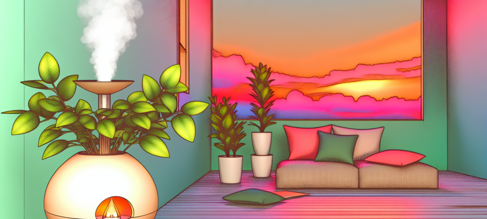 Sala de estar aconchegante com difusor de óleos essenciais, plantas e almofadas, sugerindo relaxamento.