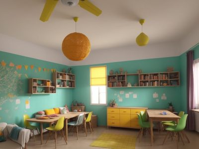 Sala de aula moderna e acolhedora com professores e alunos envolvidos em atividades de letramento e alfabetização com materiais didáticos coloridos.