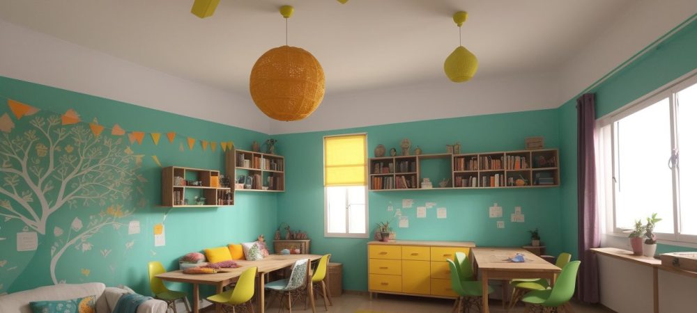 sala-aula-alfabetizacao-infantil.webp Sala de aula moderna e acolhedora com professores e alunos envolvidos em atividades de letramento e alfabetização com materiais didáticos coloridos.