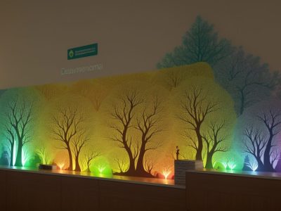 Uma sala de aula acolhedora iluminada naturalmente, com alunos envolvidos em trabalho colaborativo e um professor apoiando um estudante com tablet.