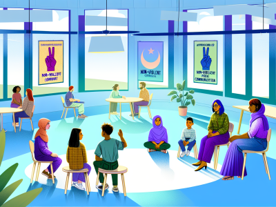 Sala de aula moderna com professores e alunos praticando comunicação não violenta em um ambiente acolhedor.