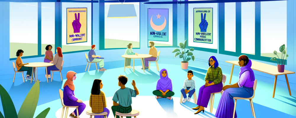 Sala de aula moderna com professores e alunos praticando comunicação não violenta em um ambiente acolhedor.