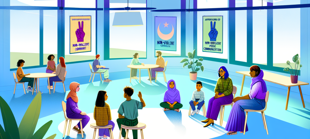 Sala de aula moderna com professores e alunos praticando comunicação não violenta em um ambiente acolhedor.