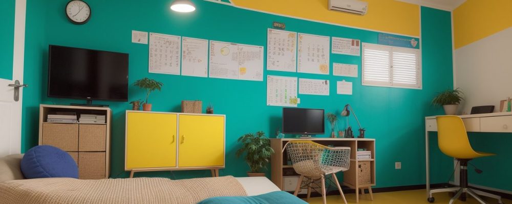 Sala de aula moderna e colaborativa com recursos tecnológicos, inspirando o ensino de inglês como língua estrangeira