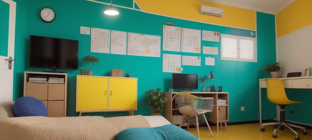 Sala de aula moderna e colaborativa com recursos tecnológicos, inspirando o ensino de inglês como língua estrangeira