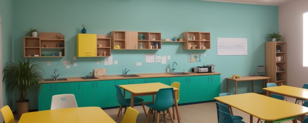 Alunos interagindo em uma sala de aula moderna com lousas digitais e dispositivos interativos, criando um ambiente de aprendizado colaborativo com gráficos animados.