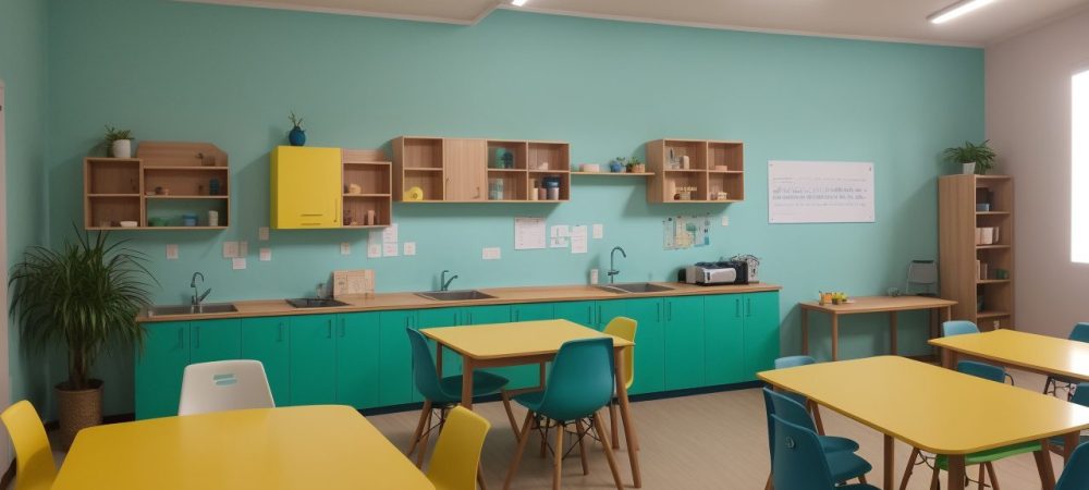 Alunos interagindo em uma sala de aula moderna com lousas digitais e dispositivos interativos, criando um ambiente de aprendizado colaborativo com gráficos animados.