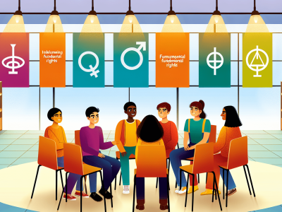 Alunos diversos em sala de aula moderna com painéis exibindo direitos fundamentais.