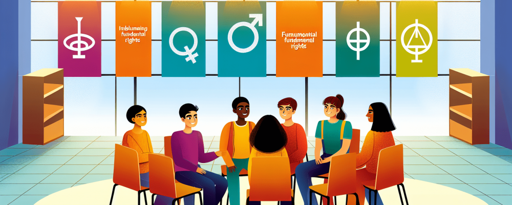 Alunos diversos em sala de aula moderna com painéis exibindo direitos fundamentais.