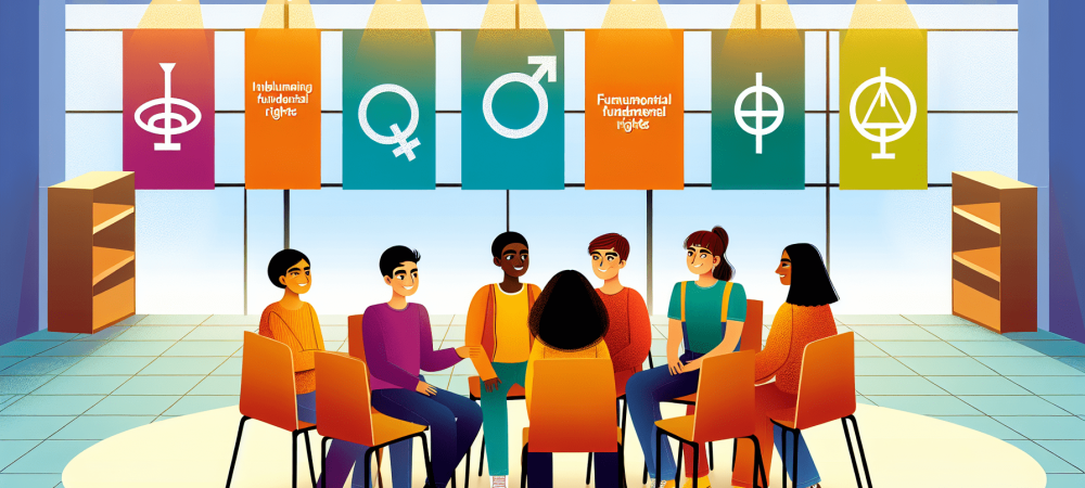 Alunos diversos em sala de aula moderna com painéis exibindo direitos fundamentais.