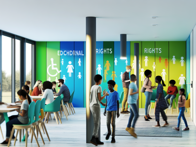 Professores e alunos discutem direitos da criança e do adolescente em sala inclusiva e vibrante