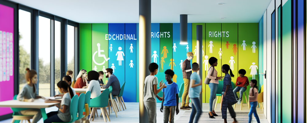 Professores e alunos discutem direitos da criança e do adolescente em sala inclusiva e vibrante